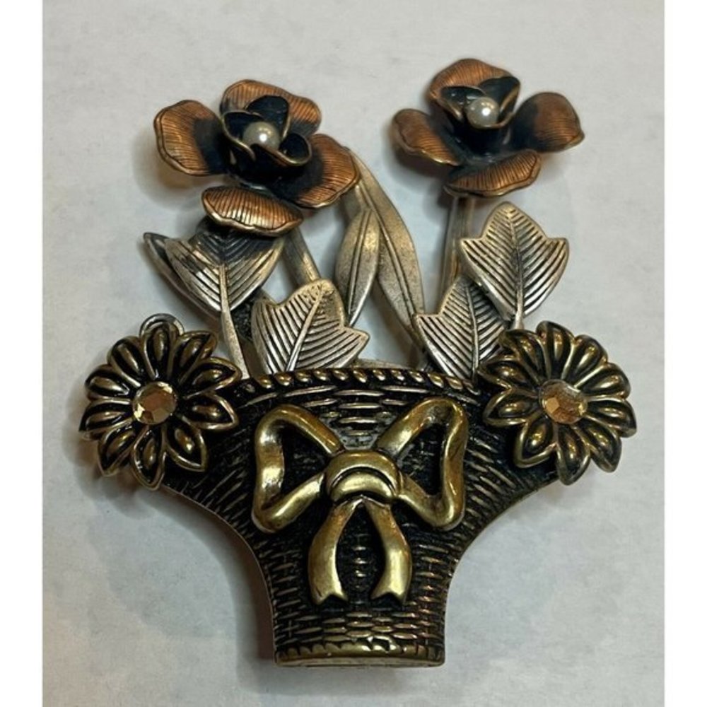 Flower pot Brooch Pin Multi Toned Silver Copper Brass Gold